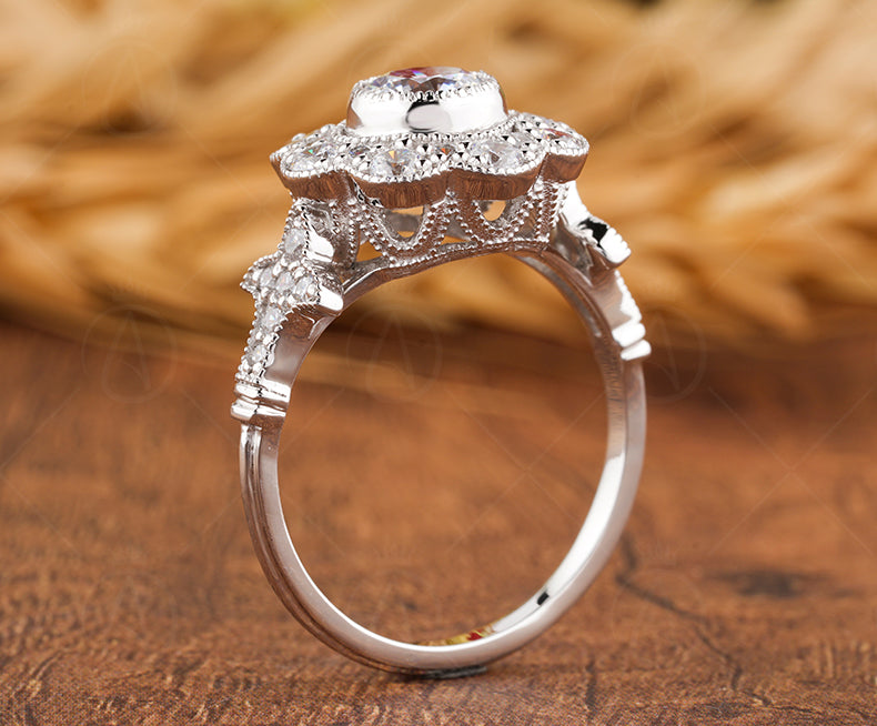 Floral Nature Inspired Ring, Vintage Art Deco Style Ring, Milgrain Ring, Antique Moissanite Halo Engagement Ring, Promise Rings For Women