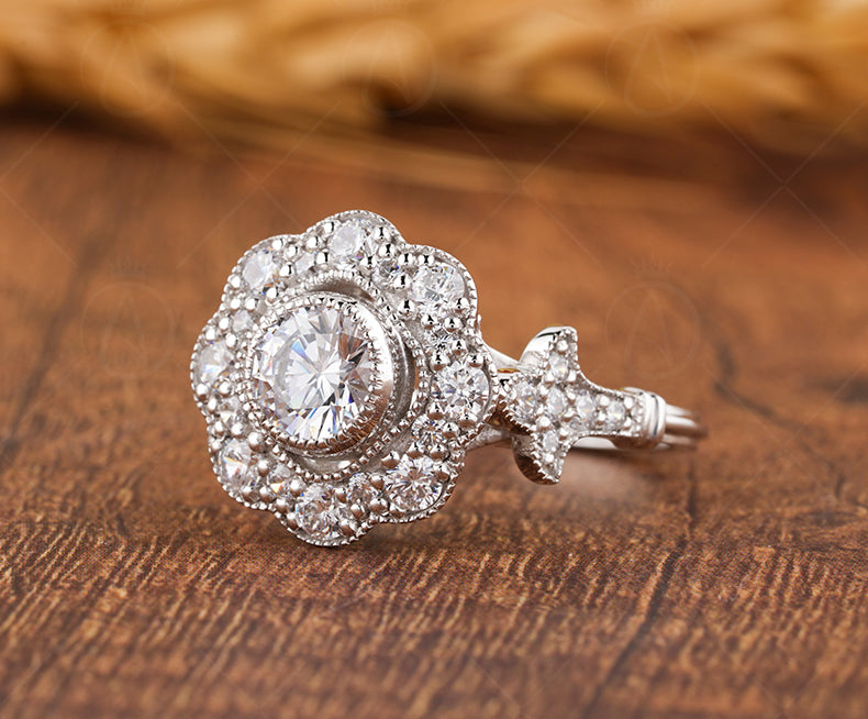 Floral Nature Inspired Ring, Vintage Art Deco Style Ring, Milgrain Ring, Antique Moissanite Halo Engagement Ring, Promise Rings For Women