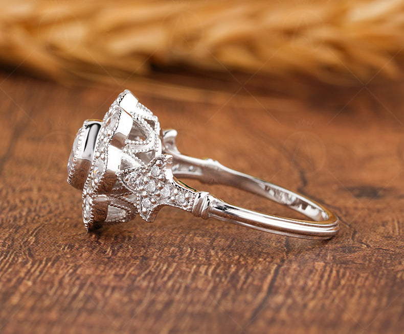 Floral Nature Inspired Ring, Vintage Art Deco Style Ring, Milgrain Ring, Antique Moissanite Halo Engagement Ring, Promise Rings For Women