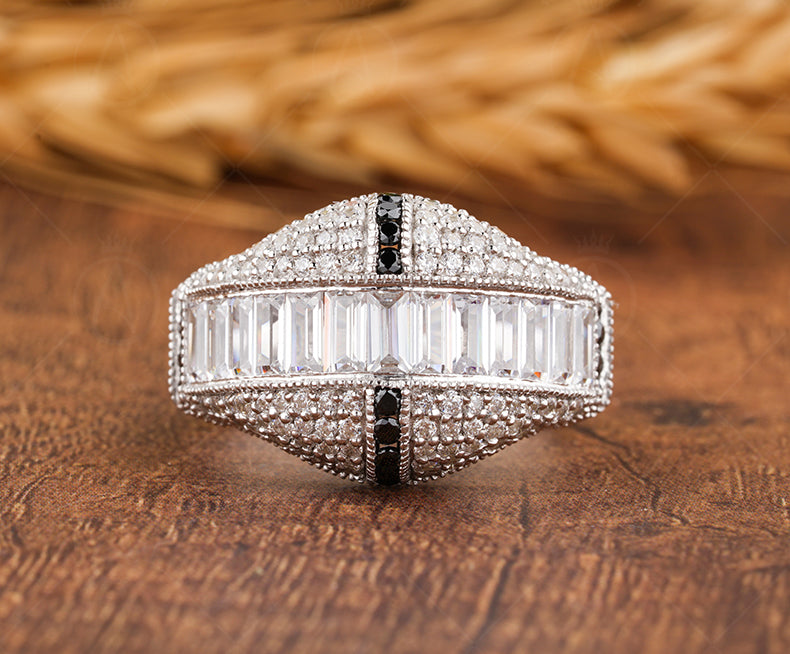 Black Moissanite Pave Wedding Band For Men, 10.50MM Wide Anniversary Band Ring, Mens 5 Row Pave Wedding Full Eternity Band