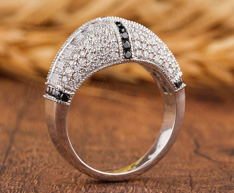 Black Moissanite Pave Wedding Band For Men, 10.50MM Wide Anniversary Band Ring, Mens 5 Row Pave Wedding Full Eternity Band