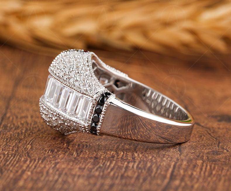 Black Moissanite Pave Wedding Band For Men, 10.50MM Wide Anniversary Band Ring, Mens 5 Row Pave Wedding Full Eternity Band