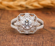 1920s Antique Vintage Inspired Ring, Art Deco Moissanite Ring, Art Deco Milgrain Engagement Ring, Unique Split Shank Ring, Rings For Women
