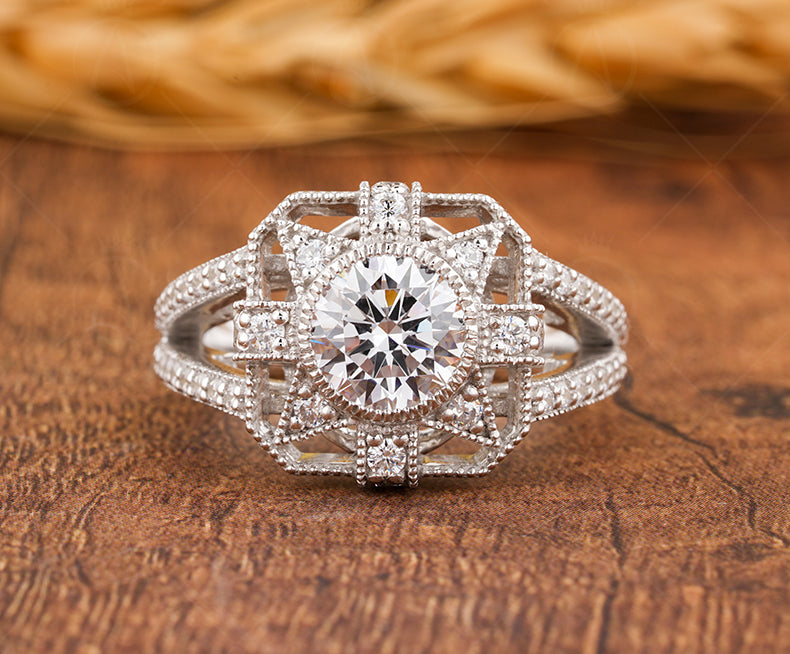 1920s Antique Vintage Inspired Ring, Art Deco Moissanite Ring, Art Deco Milgrain Engagement Ring, Unique Split Shank Ring, Rings For Women