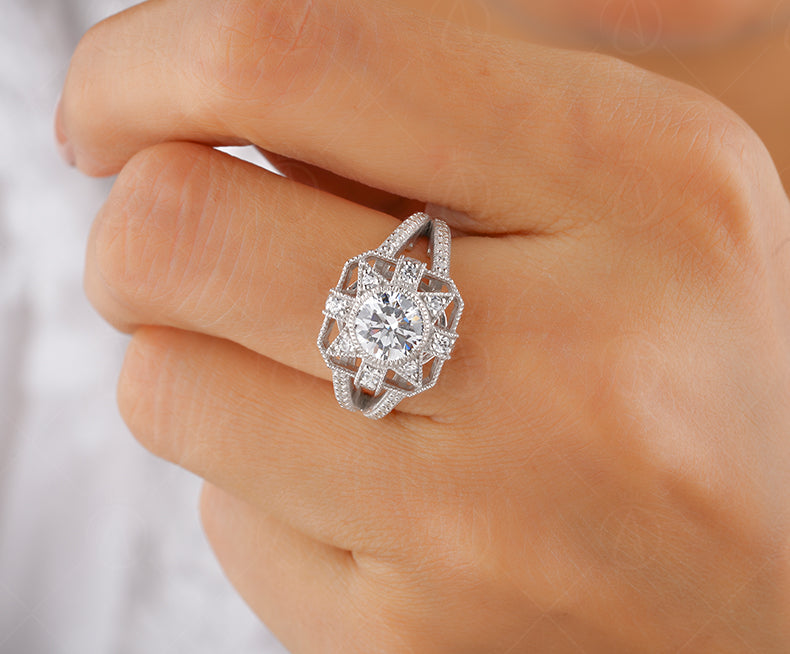 1920s Antique Vintage Inspired Ring, Art Deco Moissanite Ring, Art Deco Milgrain Engagement Ring, Unique Split Shank Ring, Rings For Women