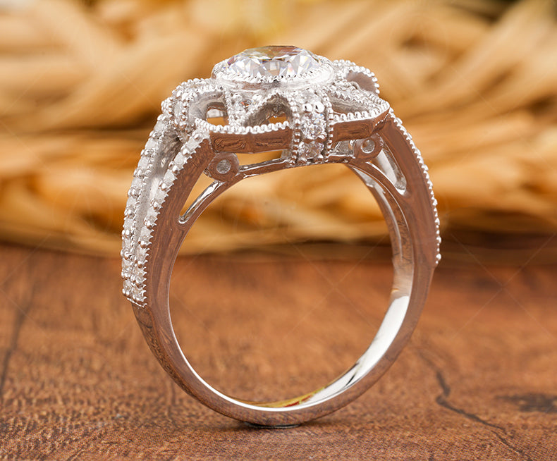 1920s Antique Vintage Inspired Ring, Art Deco Moissanite Ring, Art Deco Milgrain Engagement Ring, Unique Split Shank Ring, Rings For Women