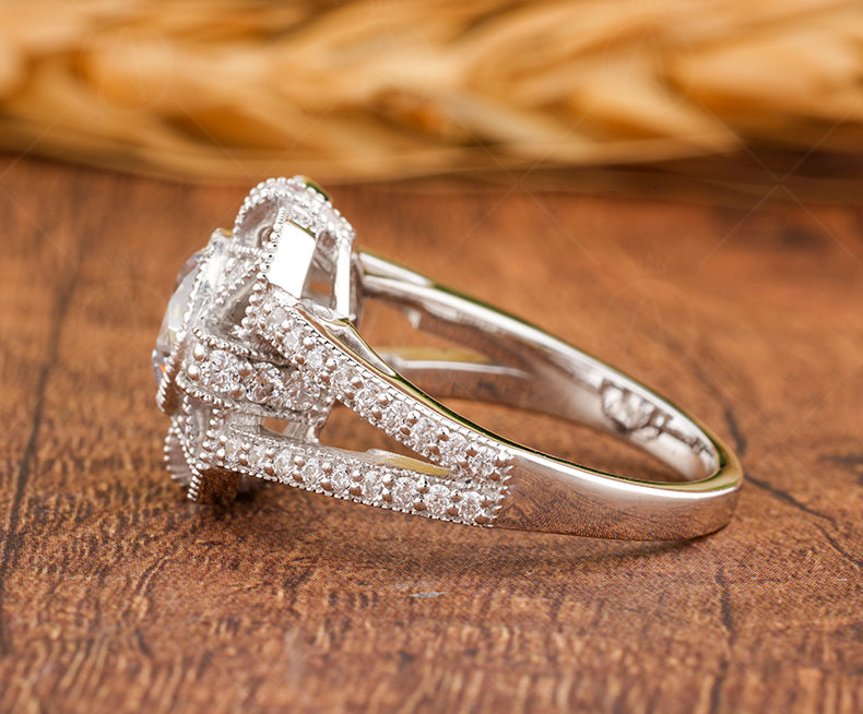 1920s Antique Vintage Inspired Ring, Art Deco Moissanite Ring, Art Deco Milgrain Engagement Ring, Unique Split Shank Ring, Rings For Women