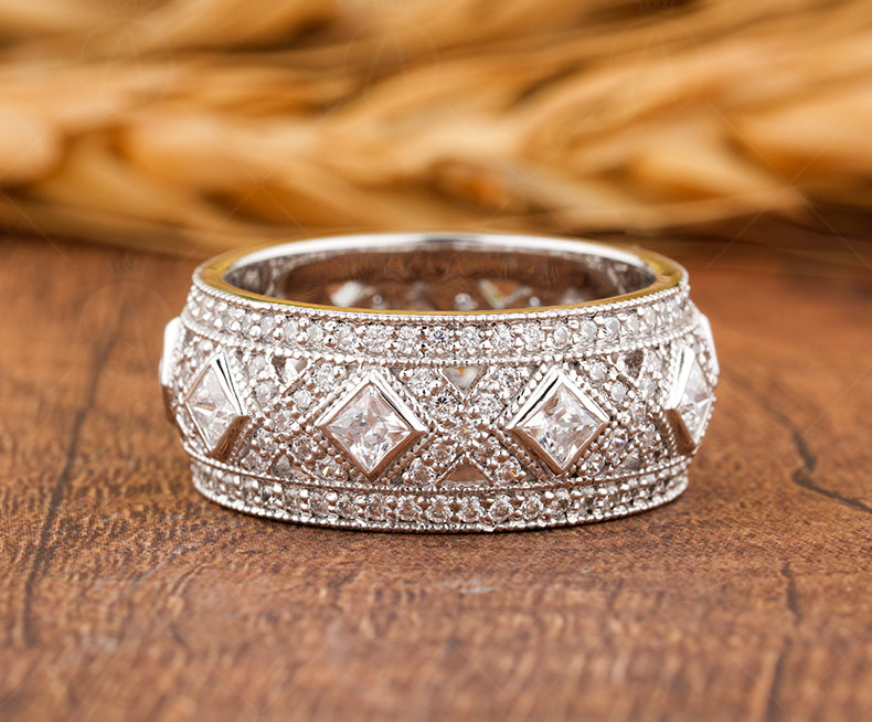 Art Deco Vintage Wedding Band, Moissanite Anniversary Bands For Women, Milgrain Vintage Band, Unique Wide Band Ring, Thick Gold Band