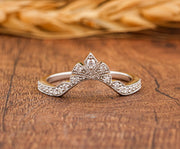 Crown Style Curved Wedding Band Women, Chevron Moissanite Ring, Art Deco Milgrain Band, Antique Vintage Nesting Band, Gold Matching Band