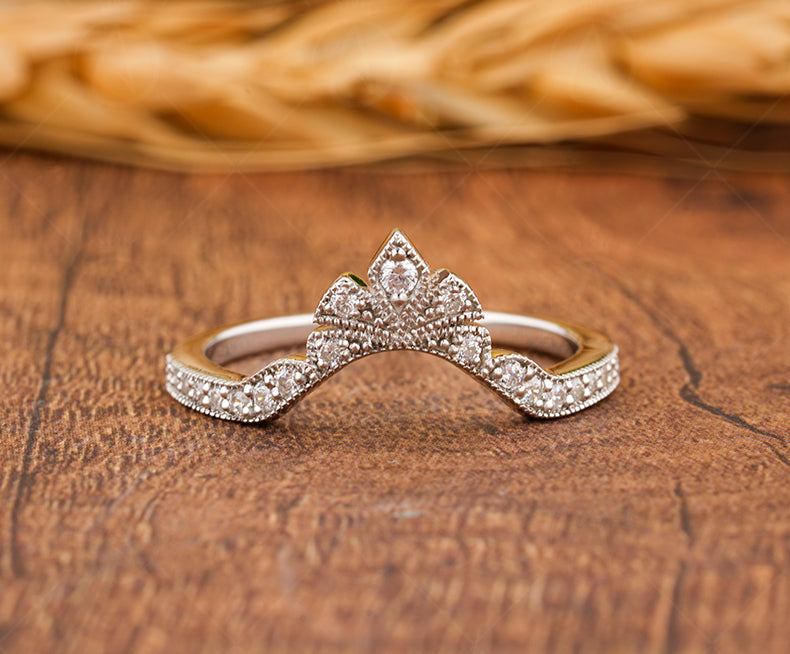 Crown Style Curved Wedding Band Women, Chevron Moissanite Ring, Art Deco Milgrain Band, Antique Vintage Nesting Band, Gold Matching Band