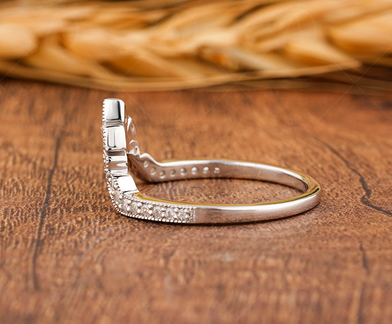 Crown Style Curved Wedding Band Women, Chevron Moissanite Ring, Art Deco Milgrain Band, Antique Vintage Nesting Band, Gold Matching Band