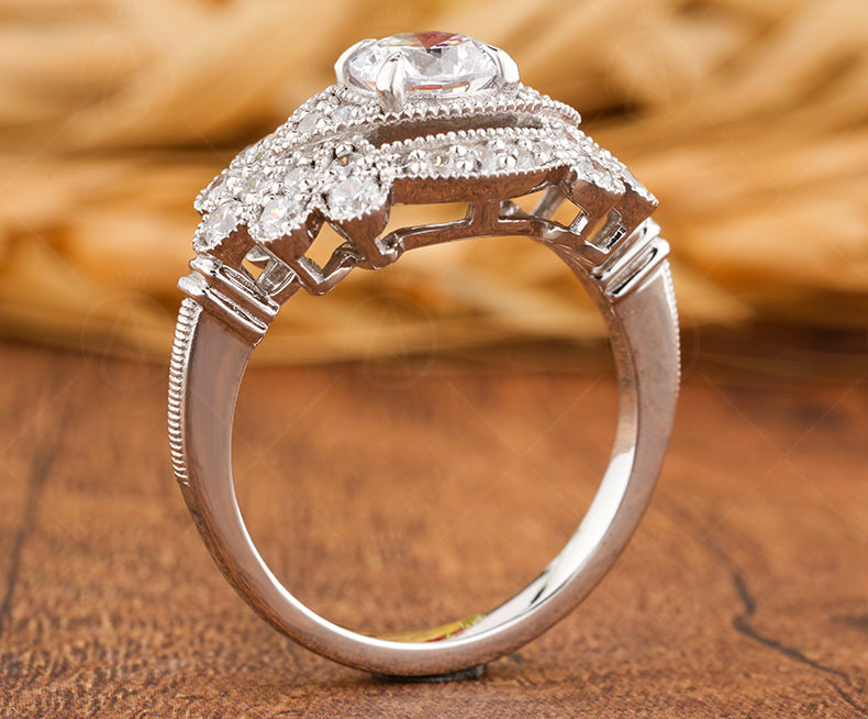 Edwardian Moissanite Engagement Ring, Art Deco Vintage Inspired Ring, Milgrain Wedding Ring, Moissanite Unique Promise Rings For Women