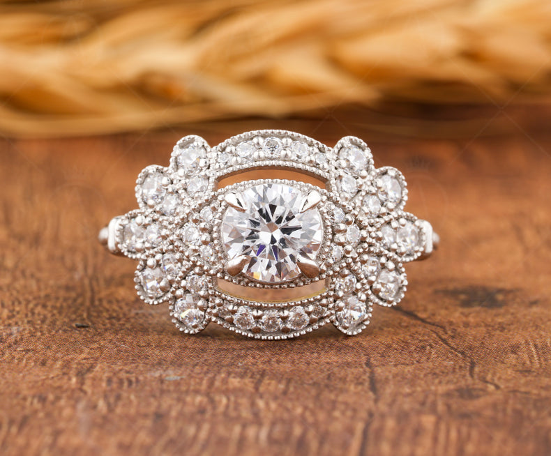 Edwardian Moissanite Engagement Ring, Art Deco Vintage Inspired Ring, Milgrain Wedding Ring, Moissanite Unique Promise Rings For Women