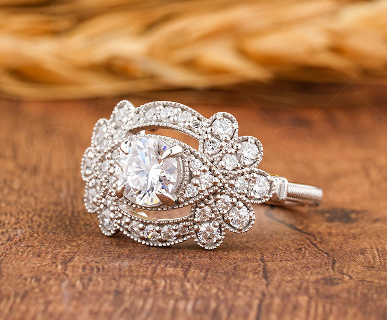 Edwardian Moissanite Engagement Ring, Art Deco Vintage Inspired Ring, Milgrain Wedding Ring, Moissanite Unique Promise Rings For Women