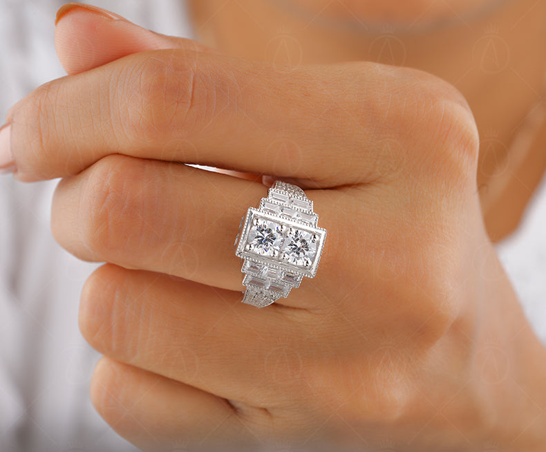 Edwardian Style Two Stone Round Engagement Ring, Antique Art Deco Inspired Ring, Vintage Moissanite Ring, Milgrain Promise Rings For Women - Gelson World - Premium Silver and Gold Jewelry for USA Shoppers