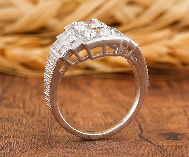 Edwardian Style Two Stone Round Engagement Ring, Antique Art Deco Inspired Ring, Vintage Moissanite Ring, Milgrain Promise Rings For Women - Gelson World - Premium Silver and Gold Jewelry for USA Shoppers
