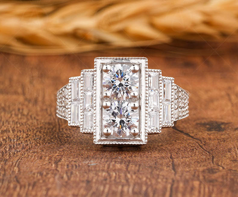 Edwardian Style Two Stone Round Engagement Ring, Antique Art Deco Inspired Ring, Vintage Moissanite Ring, Milgrain Promise Rings For Women - Gelson World - Premium Silver and Gold Jewelry for USA Shoppers