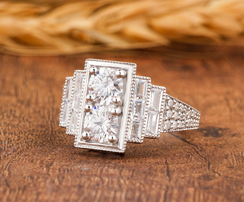 Edwardian Style Two Stone Round Engagement Ring, Antique Art Deco Inspired Ring, Vintage Moissanite Ring, Milgrain Promise Rings For Women - Gelson World - Premium Silver and Gold Jewelry for USA Shoppers