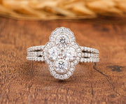 Elongated Vintage Inspired Ring, Art Deco Moissanite Ring, Cluster Engagement Ring, Round Stone Ring, Unique 1930s Style Ring, Womens Ring
