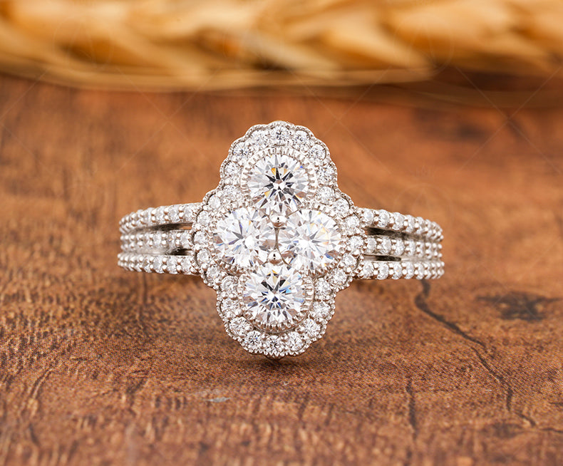 Elongated Vintage Inspired Ring, Art Deco Moissanite Ring, Cluster Engagement Ring, Round Stone Ring, Unique 1930s Style Ring, Womens Ring
