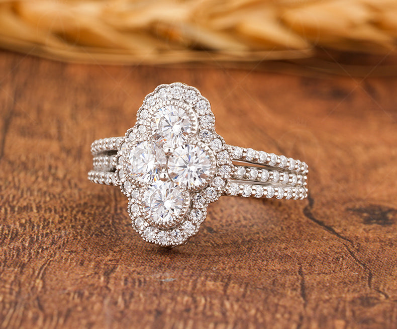 Elongated Vintage Inspired Ring, Art Deco Moissanite Ring, Cluster Engagement Ring, Round Stone Ring, Unique 1930s Style Ring, Womens Ring
