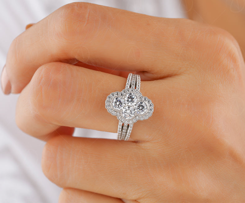 Elongated Vintage Inspired Ring, Art Deco Moissanite Ring, Cluster Engagement Ring, Round Stone Ring, Unique 1930s Style Ring, Womens Ring
