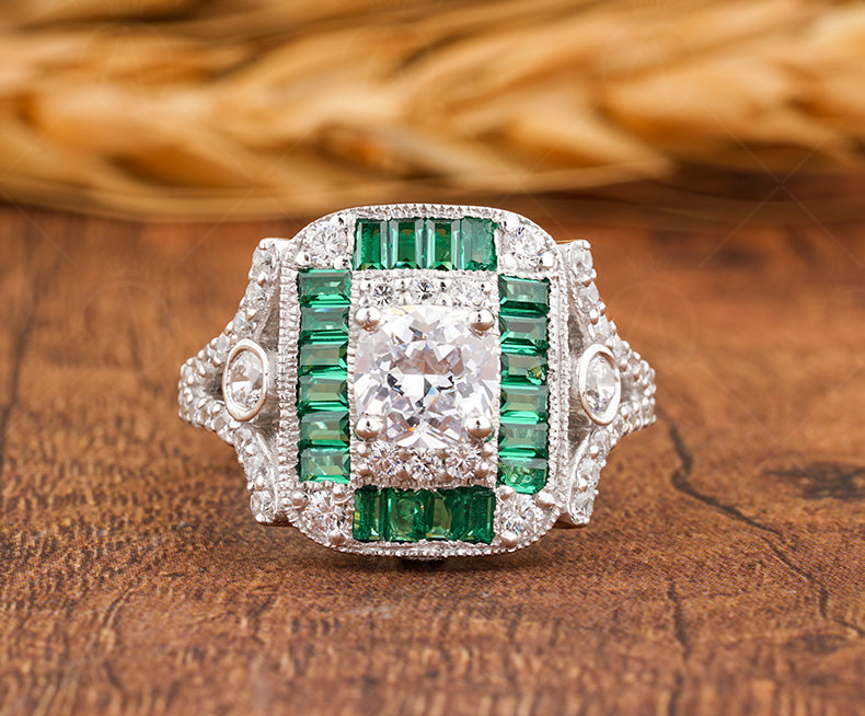 Emerald Estate Jewelry Rings For Women, Antique Emerald Halo Engagement Ring, Art Deco Vintage Ring, Unique Moissanite Promise Ring For Her
