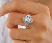 Flower Style Moissanite Ring, Nature Inspired Engagement Ring, Emerald Cut Art Deco Ring, Vintage Milgrain Ring, Floral Bezel Set Ring Women