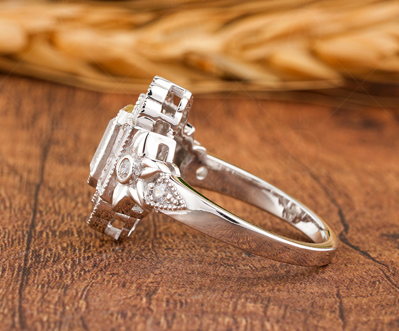 Flower Style Moissanite Ring, Nature Inspired Engagement Ring, Emerald Cut Art Deco Ring, Vintage Milgrain Ring, Floral Bezel Set Ring Women