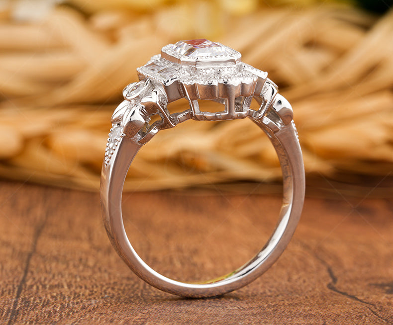 Flower Style Moissanite Ring, Nature Inspired Engagement Ring, Emerald Cut Art Deco Ring, Vintage Milgrain Ring, Floral Bezel Set Ring Women