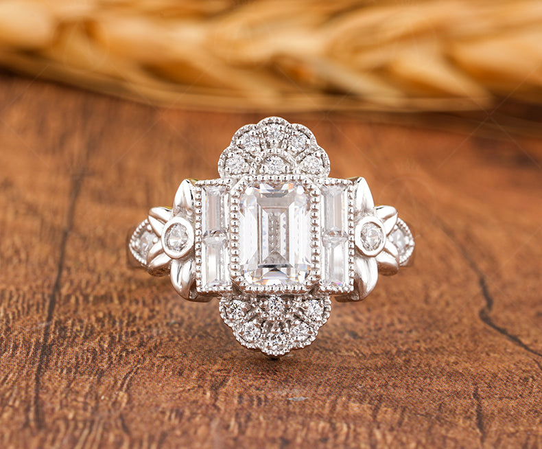 Flower Style Moissanite Ring, Nature Inspired Engagement Ring, Emerald Cut Art Deco Ring, Vintage Milgrain Ring, Floral Bezel Set Ring Women