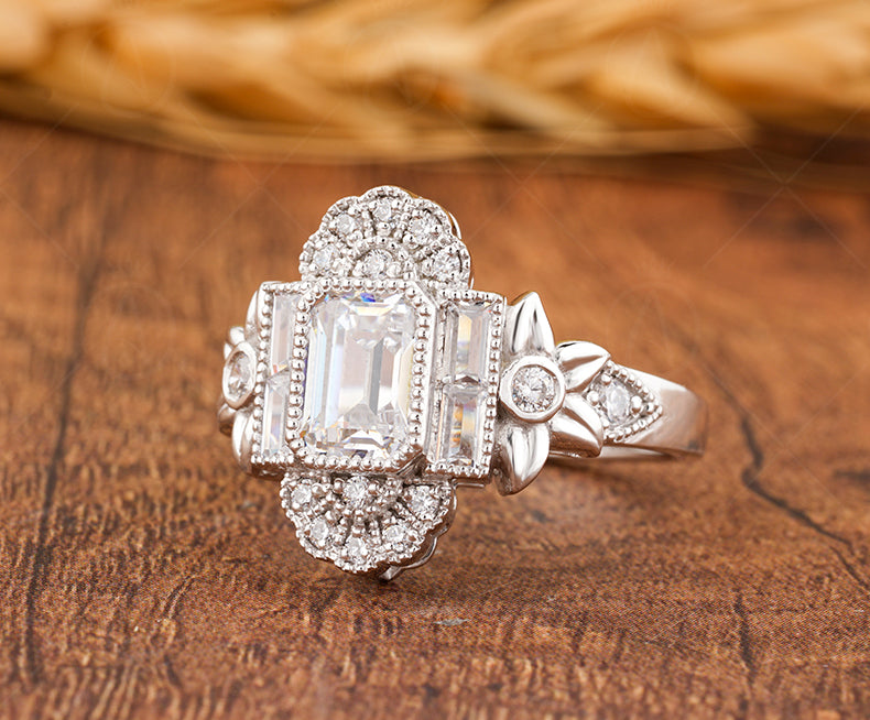 Flower Style Moissanite Ring, Nature Inspired Engagement Ring, Emerald Cut Art Deco Ring, Vintage Milgrain Ring, Floral Bezel Set Ring Women