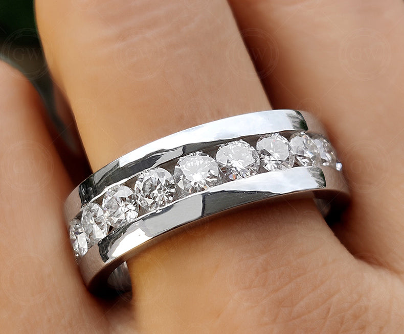 Mens Wedding Band With Moissanite Diamond, 8.20mm Channel Set Engagement Ring, Anniversary Rings For Him, Moissanite Half Eternity Band