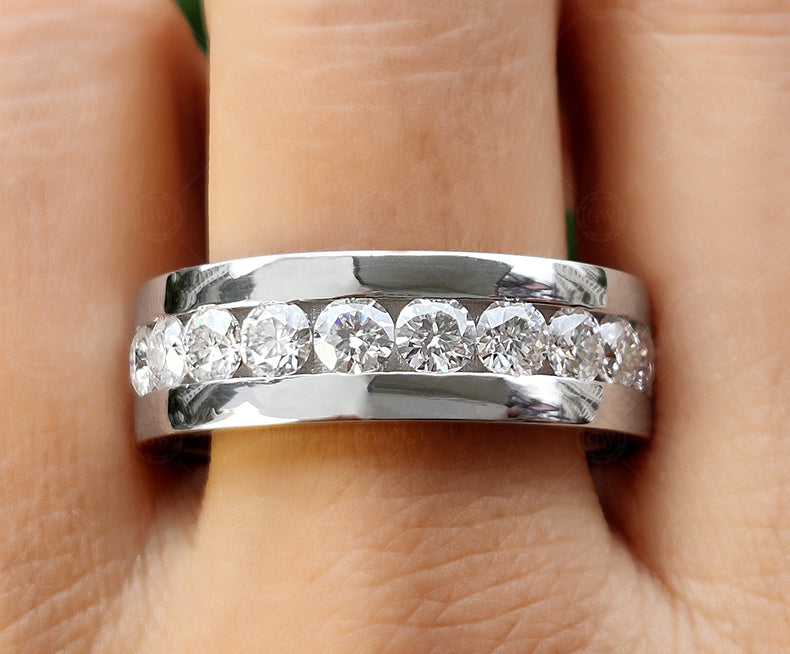 Mens Wedding Band With Moissanite Diamond, 8.20mm Channel Set Engagement Ring, Anniversary Rings For Him, Moissanite Half Eternity Band
