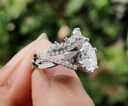 Moissanite Art Deco Pear Shape Engagement Ring Set, Unique Bridal Wedding Ring Sets For Women, Matching Crown Band, Twisted Band Ring