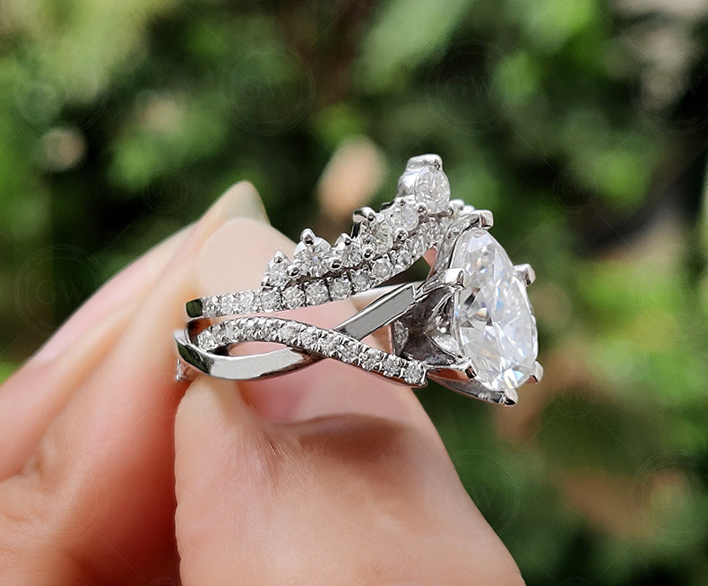 Moissanite Art Deco Pear Shape Engagement Ring Set, Unique Bridal Wedding Ring Sets For Women, Matching Crown Band, Twisted Band Ring