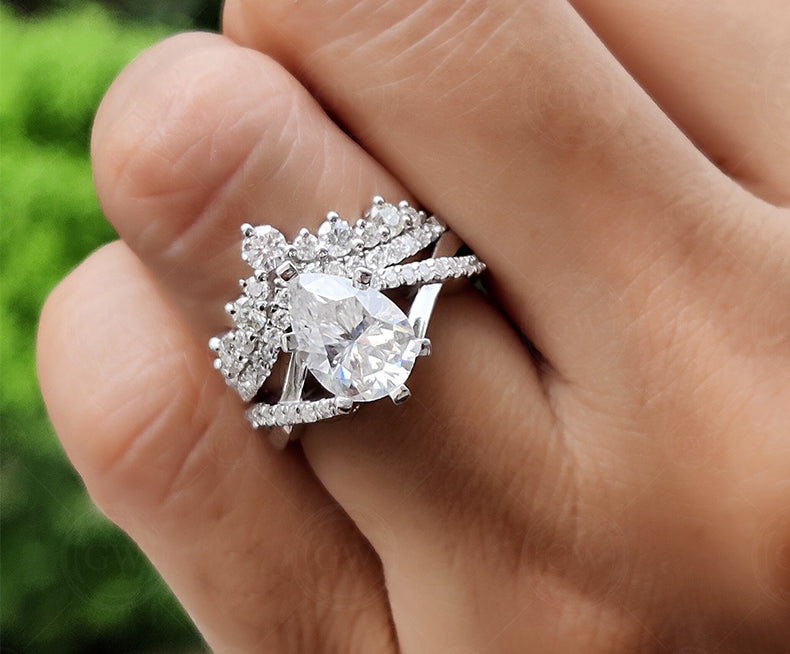Moissanite Art Deco Pear Shape Engagement Ring Set, Unique Bridal Wedding Ring Sets For Women, Matching Crown Band, Twisted Band Ring