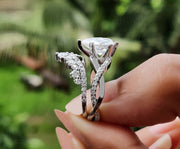 Moissanite Art Deco Pear Shape Engagement Ring Set, Unique Bridal Wedding Ring Sets For Women, Matching Crown Band, Twisted Band Ring