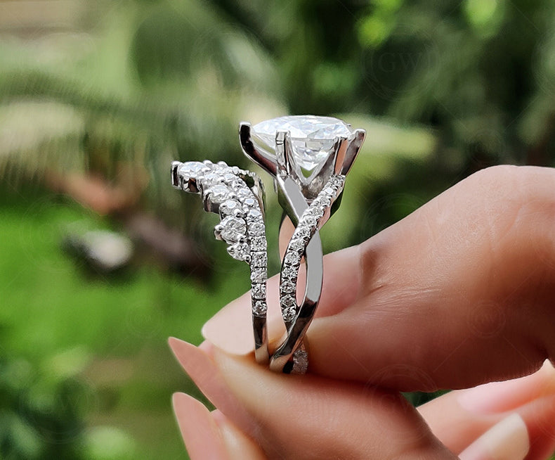 Moissanite Art Deco Pear Shape Engagement Ring Set, Unique Bridal Wedding Ring Sets For Women, Matching Crown Band, Twisted Band Ring