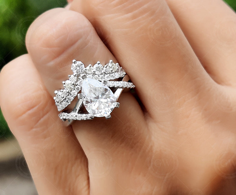 Moissanite Art Deco Pear Shape Engagement Ring Set, Unique Bridal Wedding Ring Sets For Women, Matching Crown Band, Twisted Band Ring
