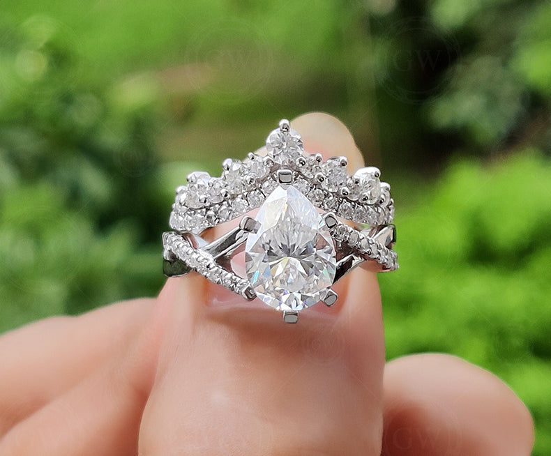 Moissanite Art Deco Pear Shape Engagement Ring Set, Unique Bridal Wedding Ring Sets For Women, Matching Crown Band, Twisted Band Ring