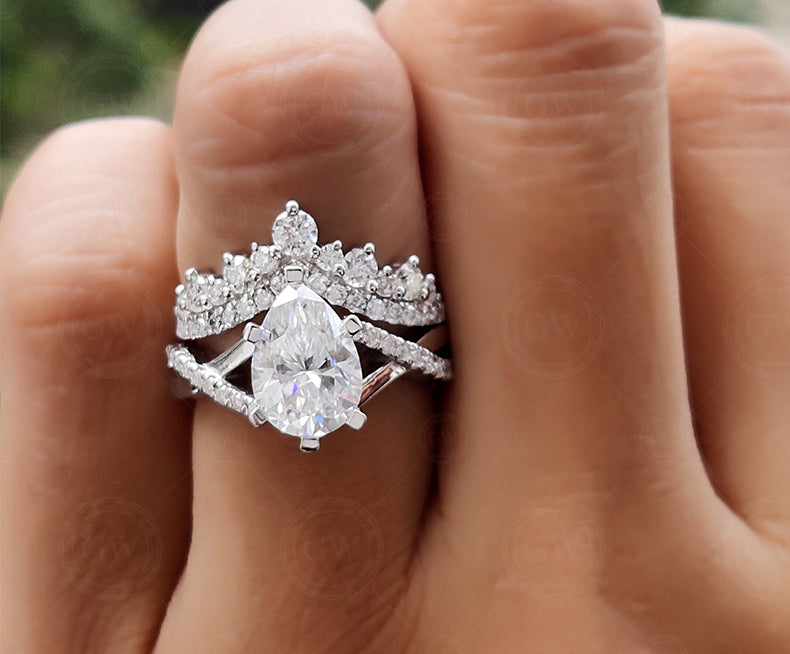 Moissanite Art Deco Pear Shape Engagement Ring Set, Unique Bridal Wedding Ring Sets For Women, Matching Crown Band, Twisted Band Ring