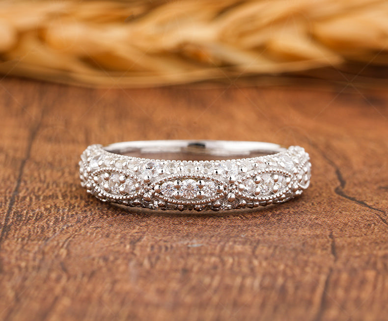 Moissanite Vintage Wedding Bands Women, Milgrain Eternity Band, Antique Art Deco Ring, Gold Wide Band Ring, Anniversary Rings For Women