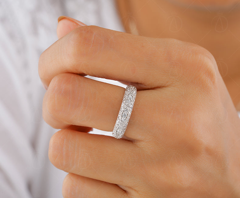 Moissanite Vintage Wedding Bands Women, Milgrain Eternity Band, Antique Art Deco Ring, Gold Wide Band Ring, Anniversary Rings For Women