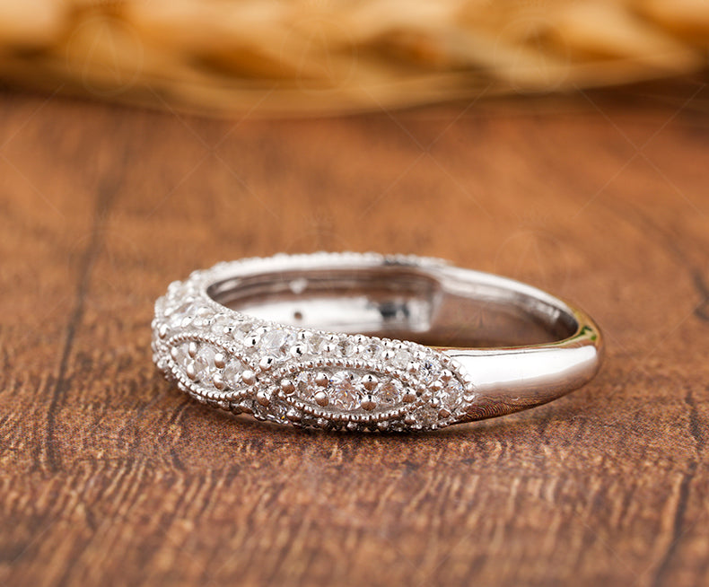 Moissanite Vintage Wedding Bands Women, Milgrain Eternity Band, Antique Art Deco Ring, Gold Wide Band Ring, Anniversary Rings For Women