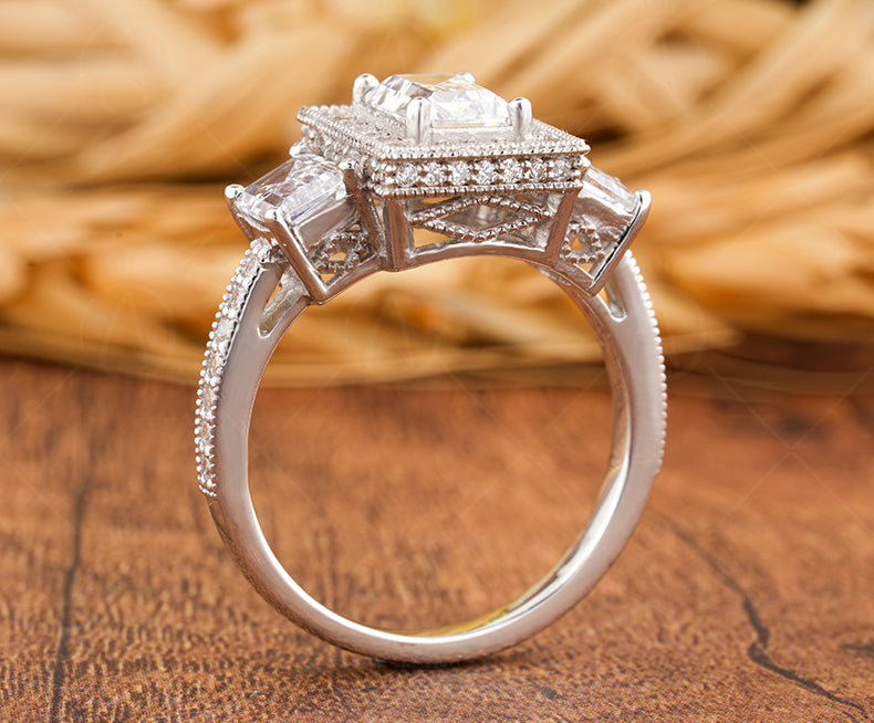Three Stone Emerald Cut Moissanite Enagement Ring, Antique Art Deco Style Ring, 3 Rectangle Stone Vintage Ring, Milgrain Trilogy Ring Women