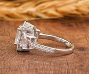 Three Stone Emerald Cut Moissanite Enagement Ring, Antique Art Deco Style Ring, 3 Rectangle Stone Vintage Ring, Milgrain Trilogy Ring Women