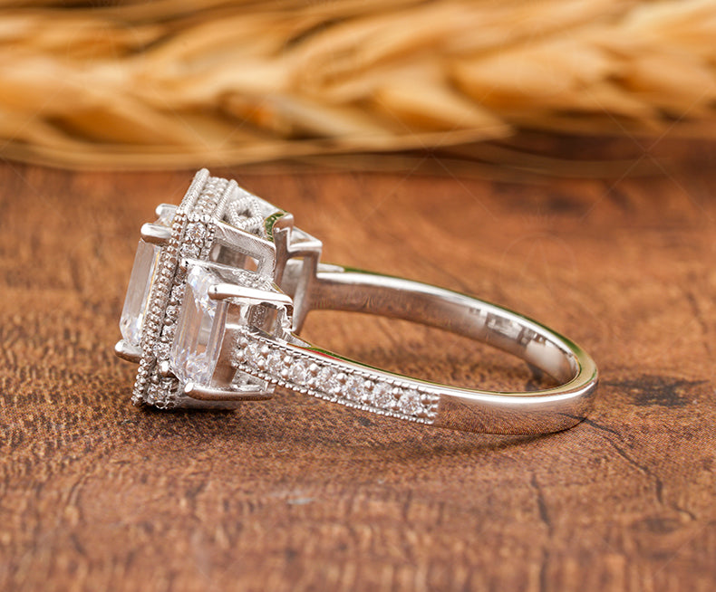Three Stone Emerald Cut Moissanite Enagement Ring, Antique Art Deco Style Ring, 3 Rectangle Stone Vintage Ring, Milgrain Trilogy Ring Women