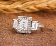 Three Stone Emerald Cut Moissanite Enagement Ring, Antique Art Deco Style Ring, 3 Rectangle Stone Vintage Ring, Milgrain Trilogy Ring Women