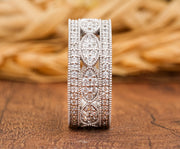 Vintage Filigree Anniversary Bands Women, Wide Full Eternity Band, Art Deco Moissanite Wedding Band Gold, Unique Thick Promise Ring For Her